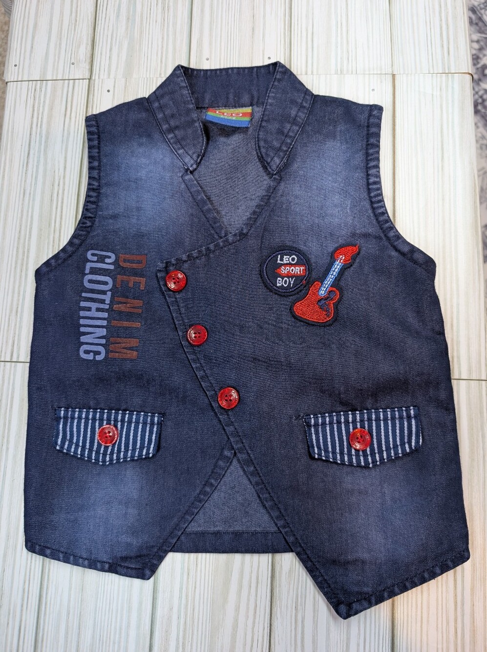 Leo Infant Boys Dark Denim Vest with Guitar Patch 9/12 Months